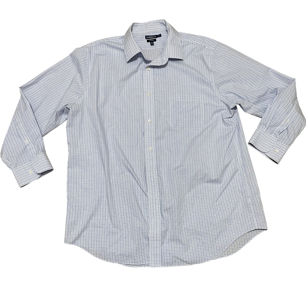 Croft & Barrow Men Classic Fit No Iron Blue White Plaid Dress Shirt 17 1/2 32 33
